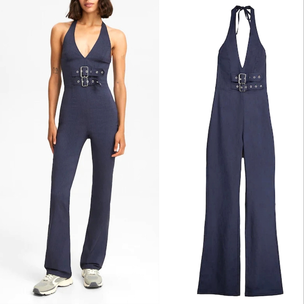 Bershka pinstripe Y2k halterneck jumpsuit buckle